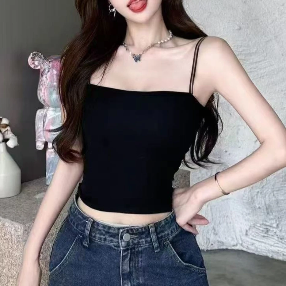 HANHAN~#1606黑色一字肩吊带背心美背设计带胸垫修身打底上衣