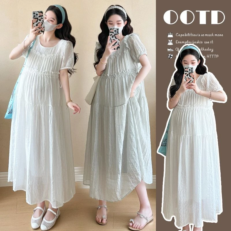 孕妇装2025夏季新款简约宽松气质短袖可调节腰围中长款休闲连衣裙