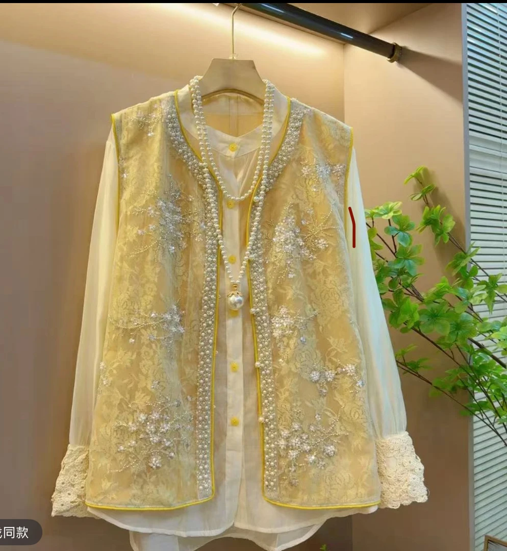 新中式法式重工百搭钉珠刺绣纱面马甲R春夏新款国风气质大码马甲