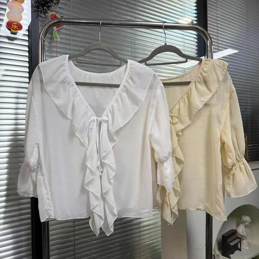 【福利NO退NO换】5757 法式V领荷叶边甜美纯色薄纱 衬衫