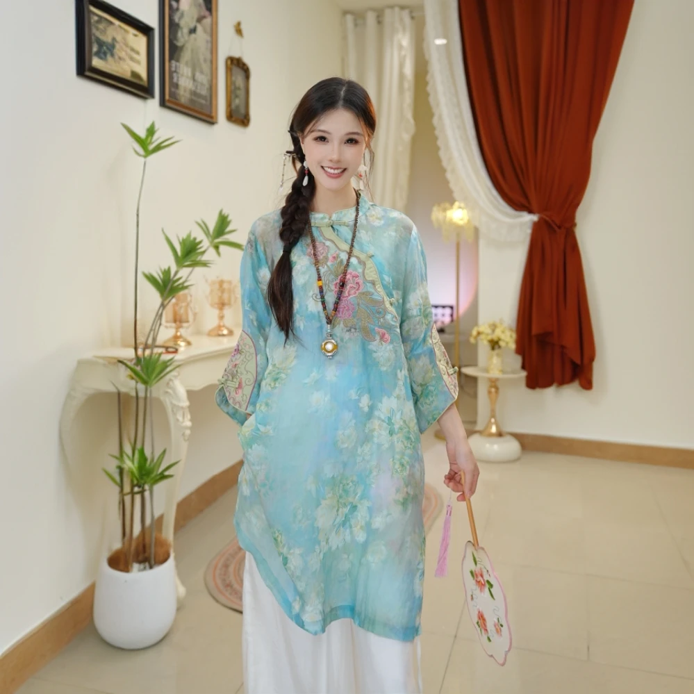 复古苎麻印花刺绣中长款连衣裙女夏新款文艺新中式气质上衣