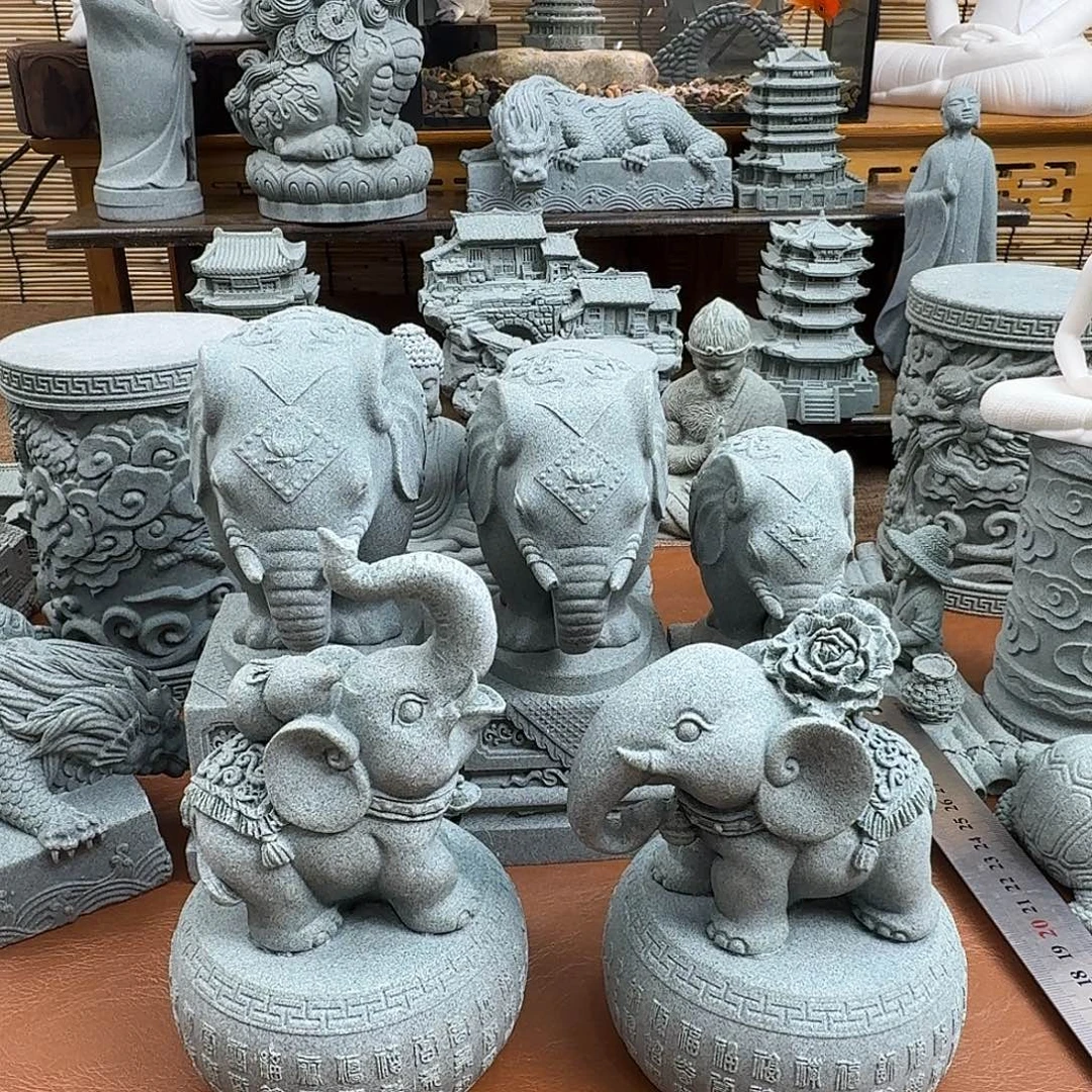 石头青砂石福字大象一对