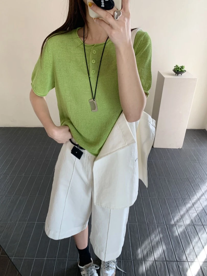 【素简.500106】夏季女装新款进口三扣和纸短袖针织衫