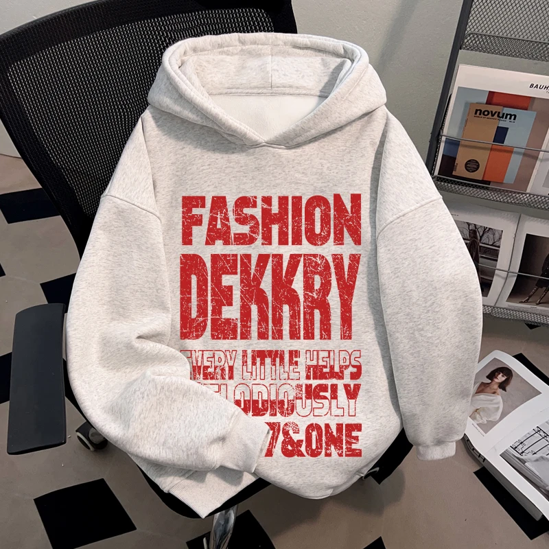 Dekkry潮流设计斑驳字母印花秋冬无口袋连帽卫衣男女套头情侣上衣