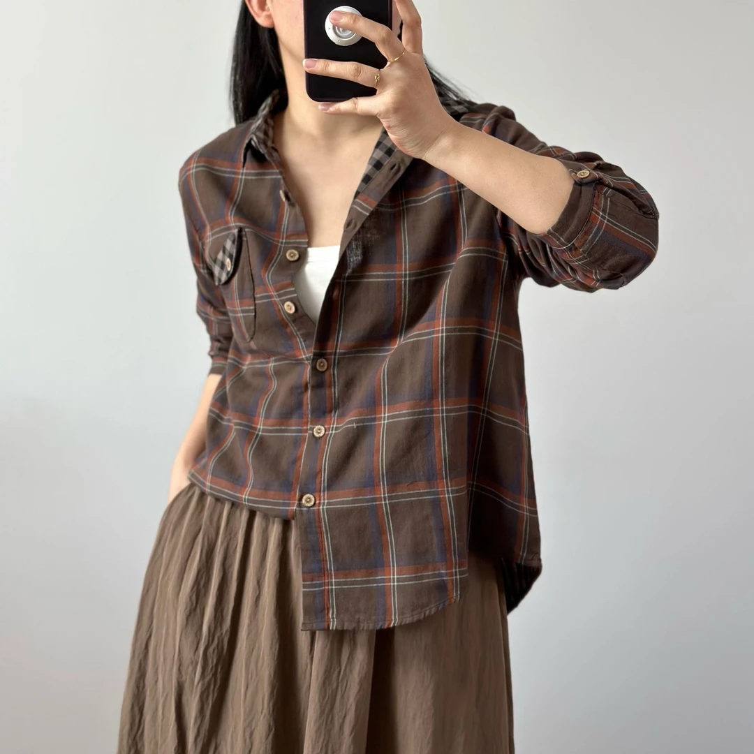 原版复古宽松休闲格子棉纱衬衣2025年新款春季百搭长袖格纹衬衫女