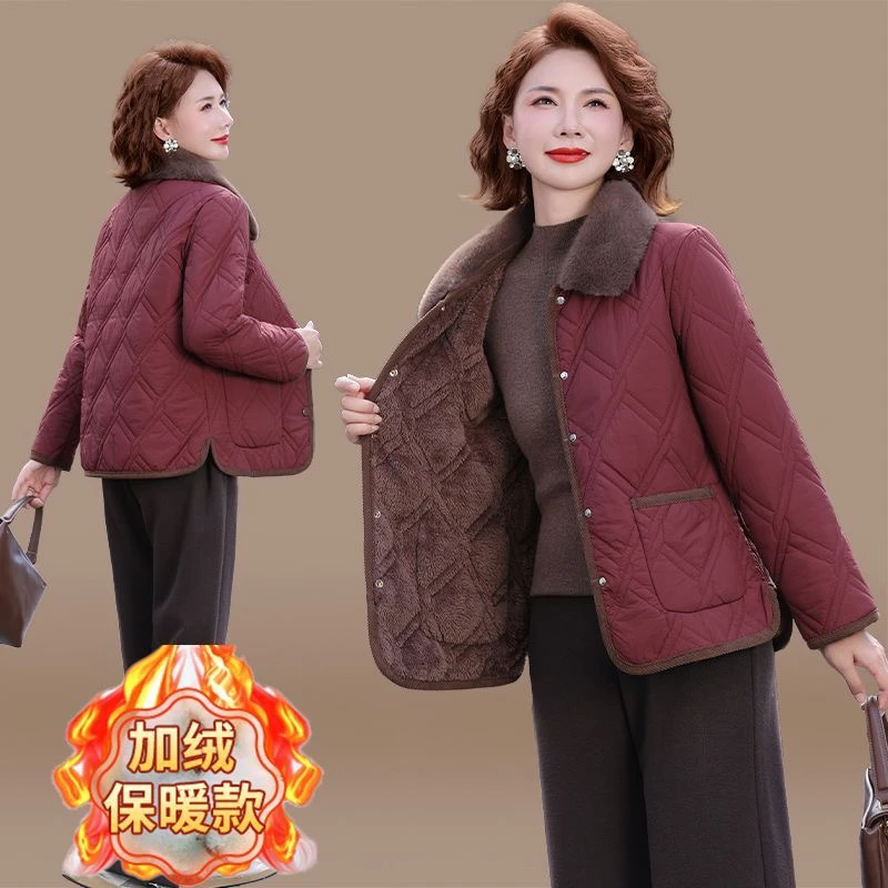 中年妈妈秋冬装加绒保暖外套2025新款中老年女装洋气翻领棉衣短款