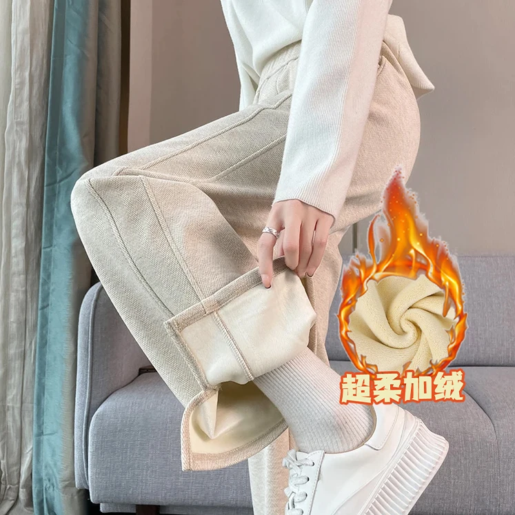 加绒加厚高腰显瘦休闲裤保暖人字纹阔腿裤女2024冬季直筒开叉百搭