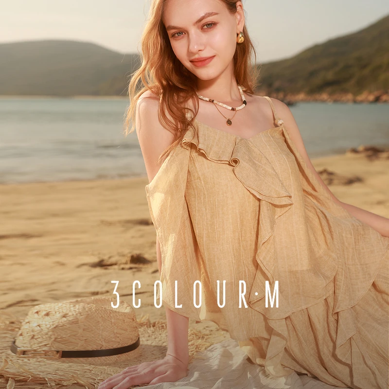 三彩2025夏季新款流光风氛围感套装荷叶边小衫无袖半身裙A字裙M