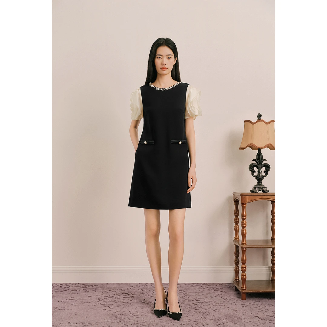 OBBLIGATO奥丽嘉朵2025圆领荷叶边撞拼接连衣裙1C65205010