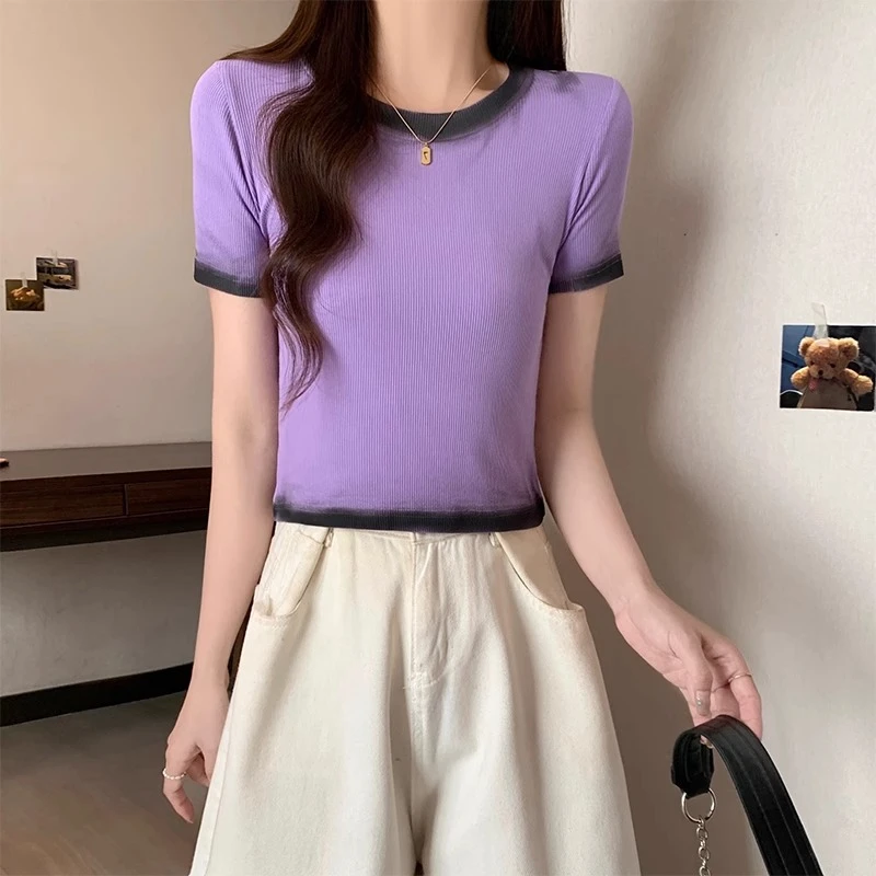 夏季新款渐变色短袖T恤女显瘦针织短款百搭半袖小众修身圆领