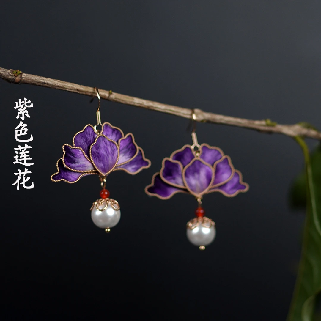 非遗绒花丨莲花 纯手工国风新中式绒花掐丝桑蚕丝线耳环