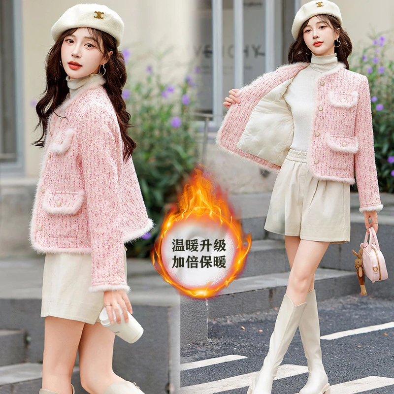 小香风粗花呢羽绒服女2025年冬新款水貂毛拼接小个子气质超好看上