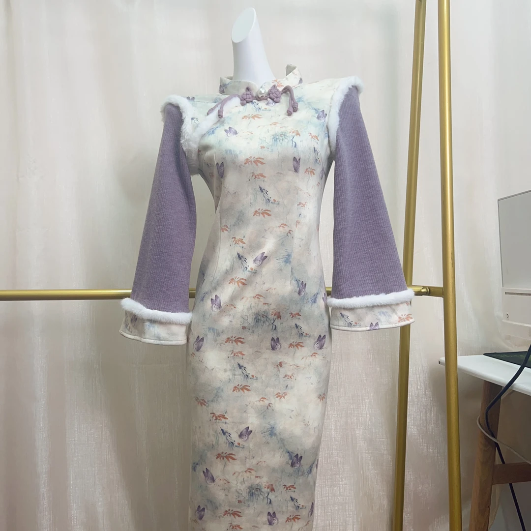 花朝如约 冰雪绒 冬款加绒加厚年轻款改良旗袍120长款