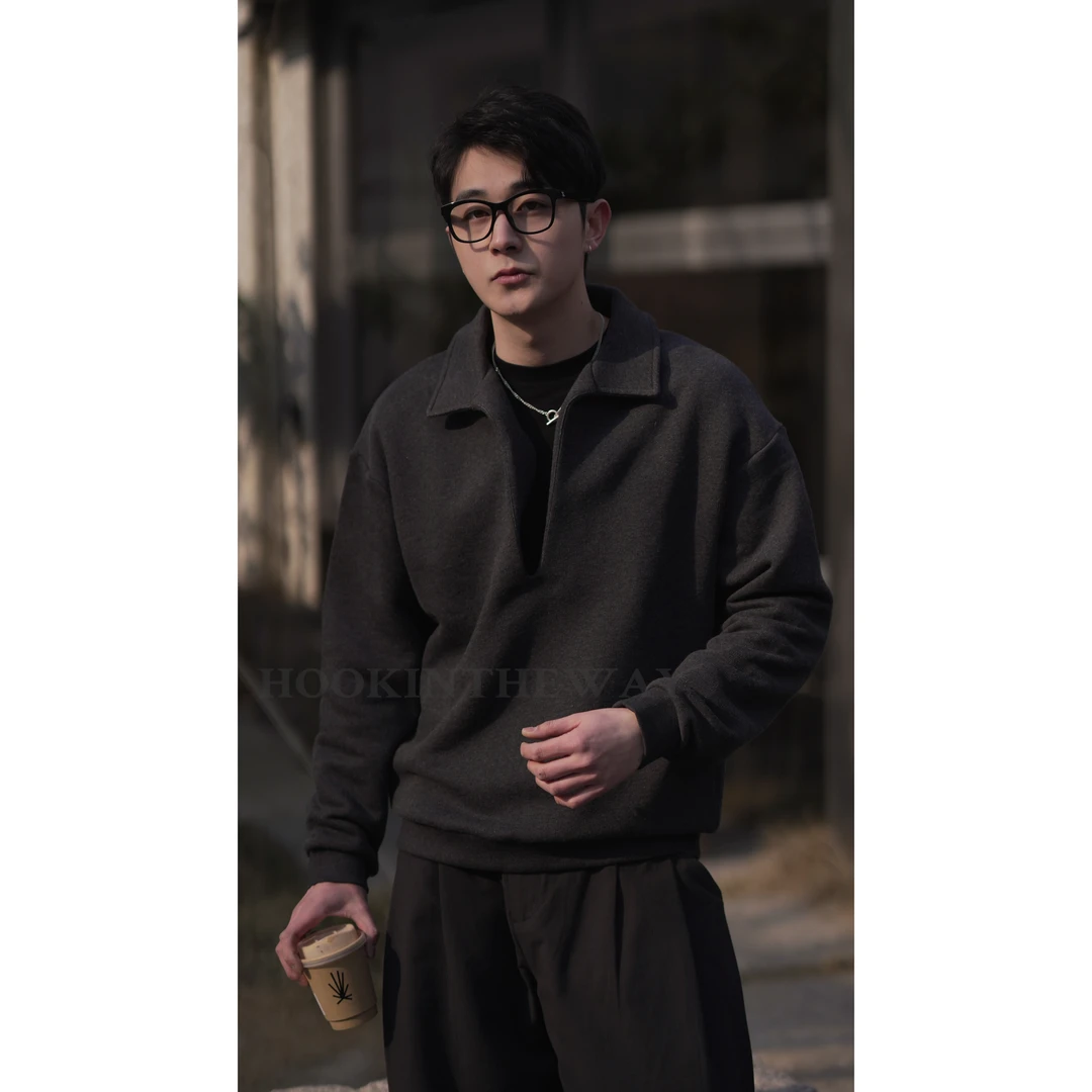 HOOK 25春/极简系列深V翻领卫衣短款休闲复古宽松百搭套头