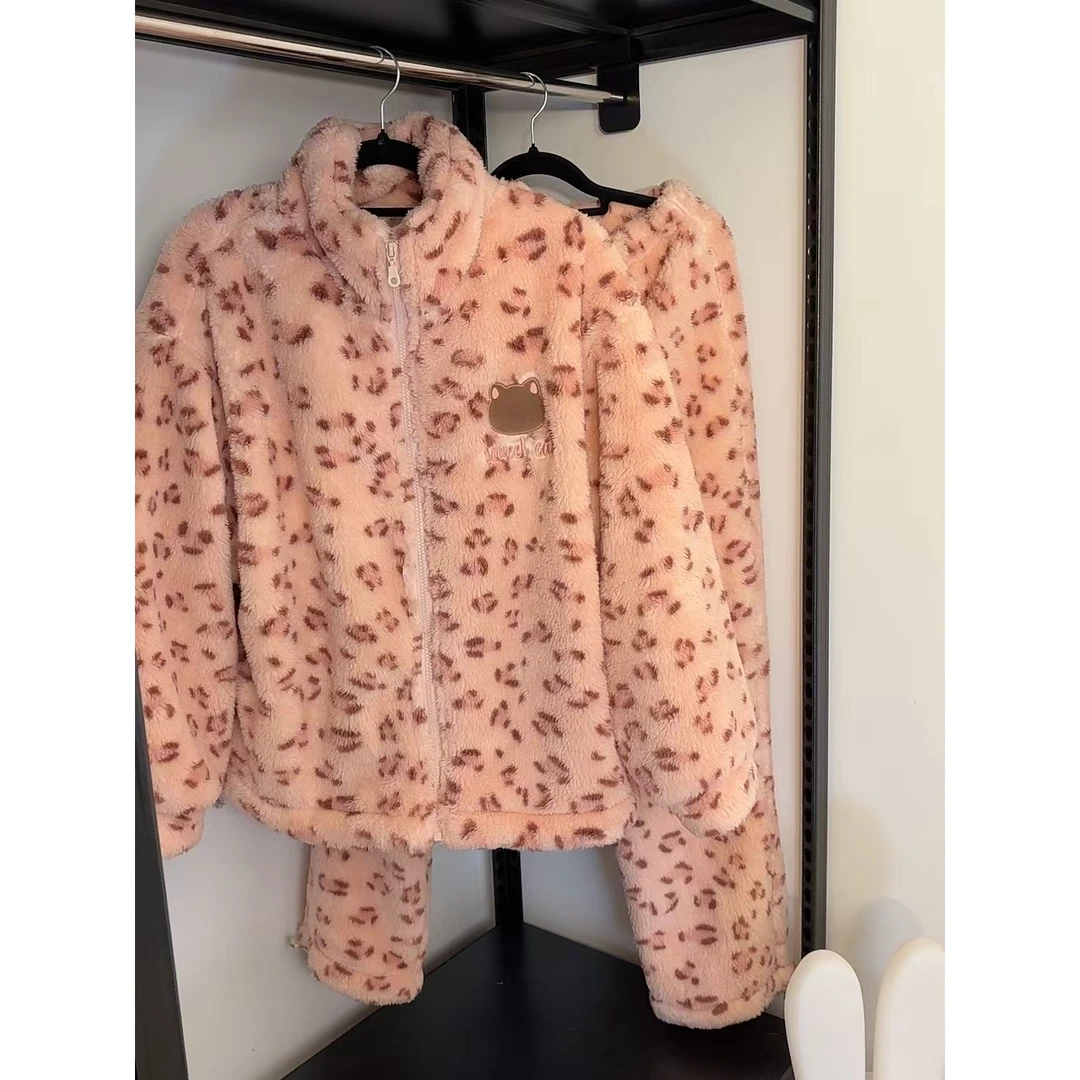 韩系粉色豹纹珊瑚绒睡衣女冬季开衫保暖加绒加厚可外穿家居服套装