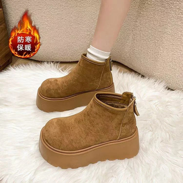 7cm厚底雪地靴女2024冬季新款小个子增高复古加绒松糕短靴 A-37