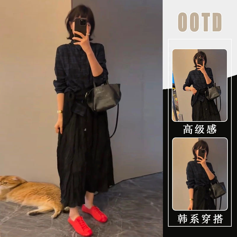 韩系复古长袖格子衬衫上衣2025秋季新款宽松显瘦减龄半身裙两件套