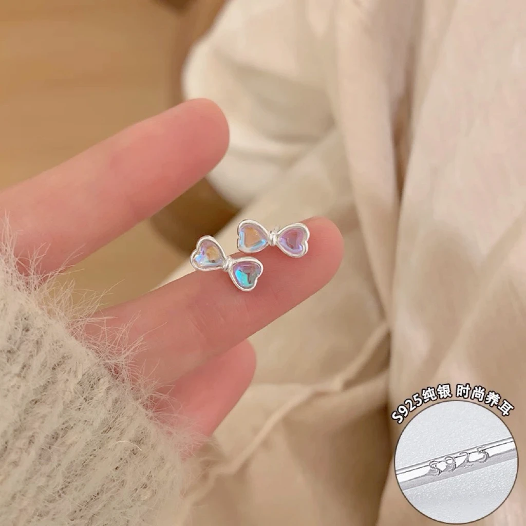 铜合金耳饰 D2009 S925银针小清新甜美ins风幻彩蝴蝶结耳钉