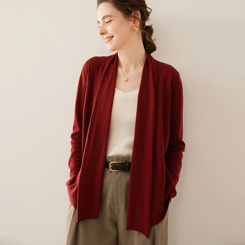 SH-2508已开价  18针精纺羊毛桑蚕丝大翻领披肩大开衫无扣