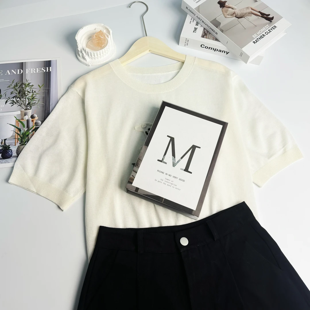 玲姐定制-小狗简笔画刺绣字母薄微透松紧下摆针织短袖157719