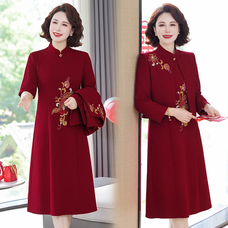2025新款高贵喜婆婆婚宴礼服连衣裙中年妈妈装春秋两件套中式套装
