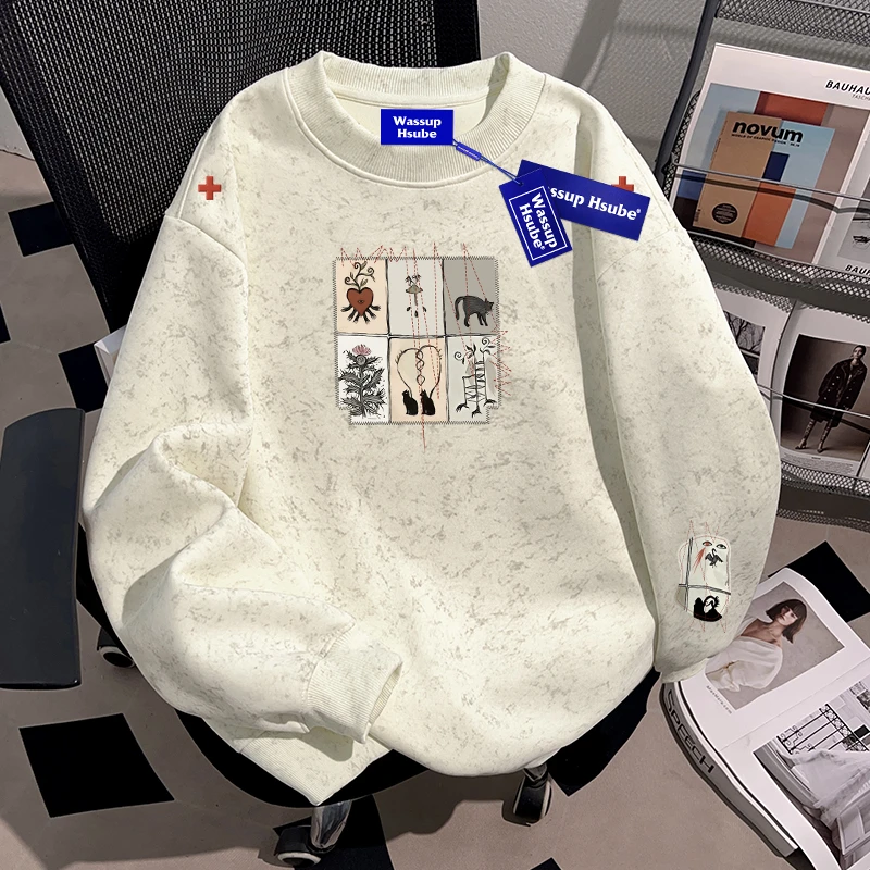 WASSUP HSUBE复古印花美式圆领卫衣重磅潮牌情侣宽松男女百搭新款