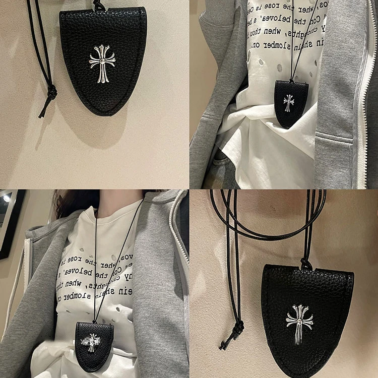 合金皮质项链 黑色十字架包包挂脖项链眼镜墨镜夹挂绳项链毛衣链