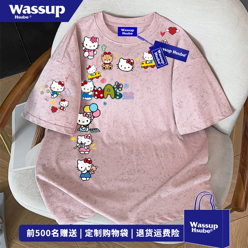 WASSUP HSUBE 新款趣味卡通印花短袖T恤男女夏季休闲百搭扎染上衣