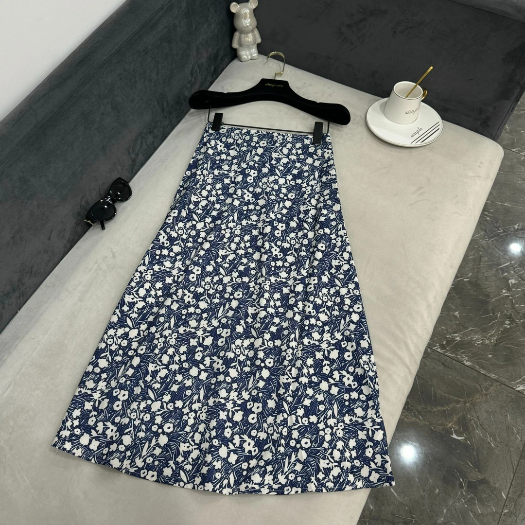 weilai-法式经典复古气质蓝白碎花显瘦半身裙-2469