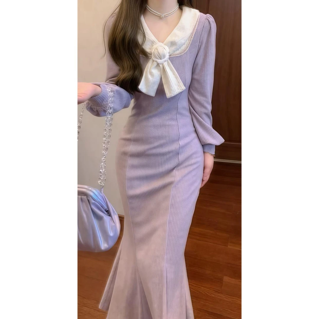 法式复古高级感超好看针织连衣裙性感修身包臀鱼尾长裙子2025春季
