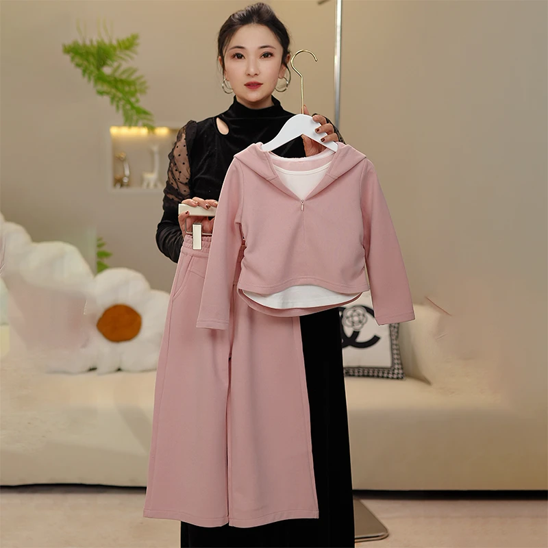 女童套装秋装2025新款儿童春秋款假两件连帽卫衣阔腿裤运动套装