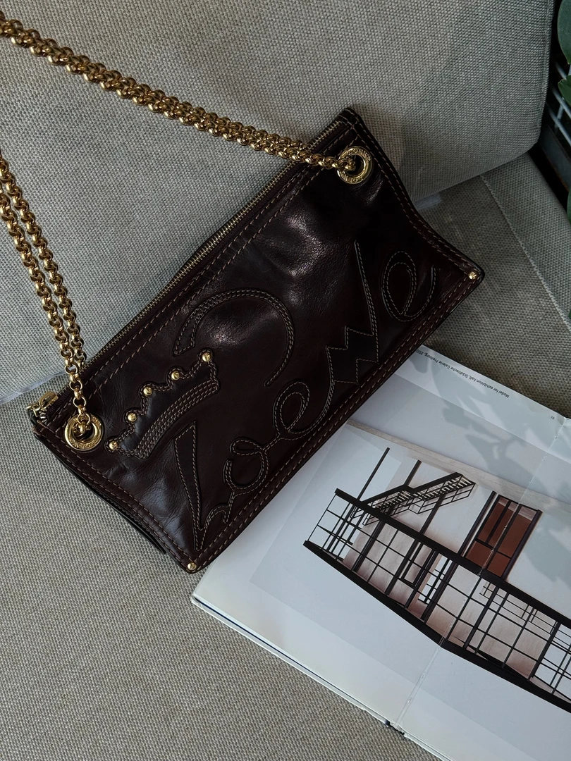 95新 LOEWE/罗意威 觅时/棕皮皇冠花体logo链条包/118182