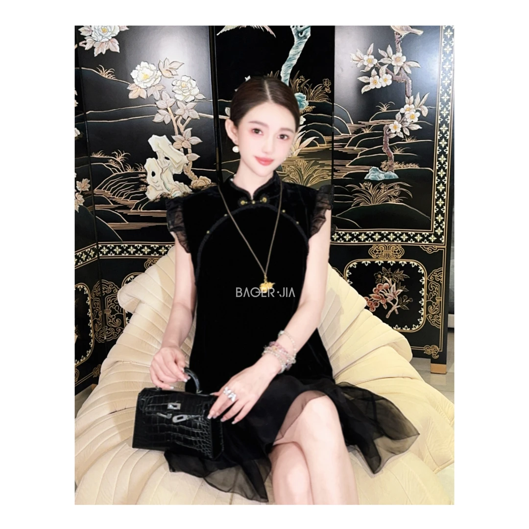 15-【小说女主】宝儿家含幂BE49425205XQ夏季优雅丝绒拼接连衣裙