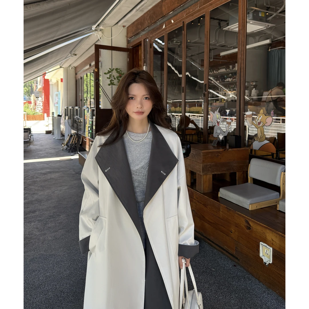 『伦敦契约』年轻款韩版宽松撞色松弛感2025长款风衣外套女秋季大衣