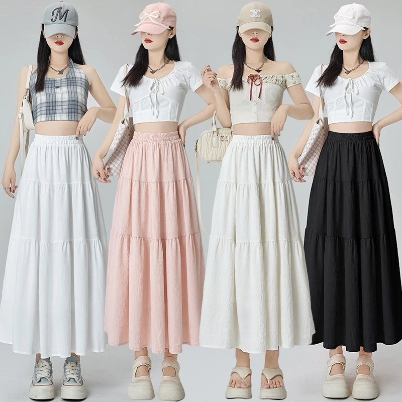 时尚半身裙女夏季2025新款春夏褶皱高腰长裙a字伞裙仙女蛋糕裙子
