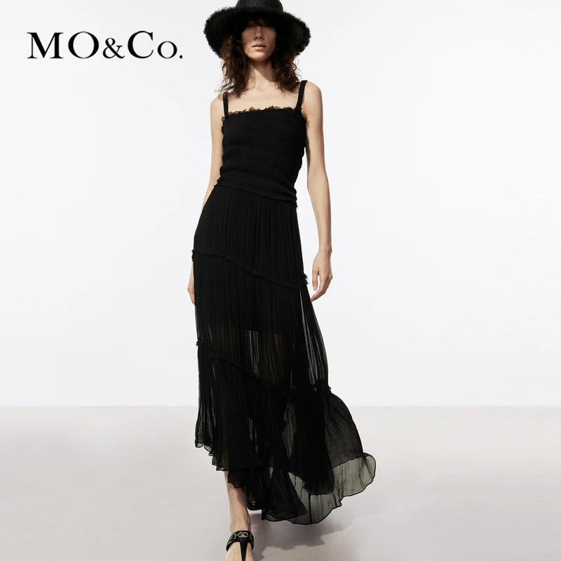 MOCO夏重工缩褶绣乱褶不规则雪纺吊带连衣裙MBD2DRS024