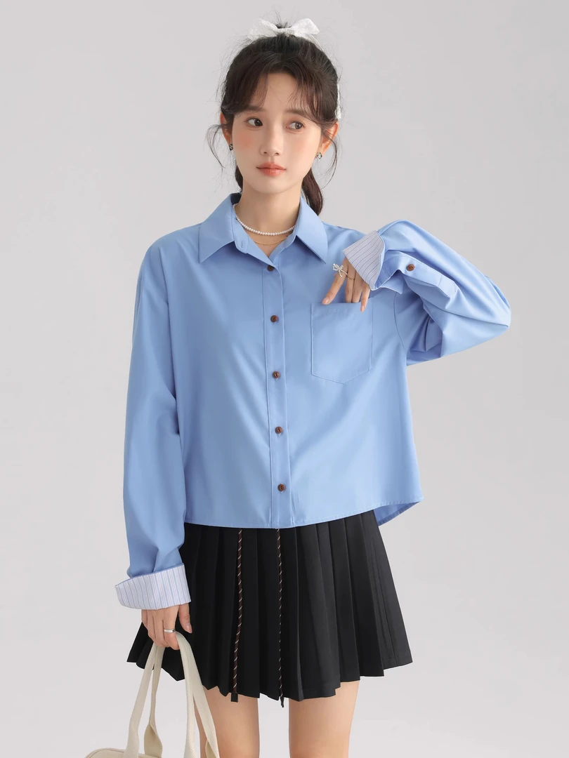 T瞌睡兔【清苍】秋季时尚百搭叠穿翻领显瘦蓝色长袖衬衫244054