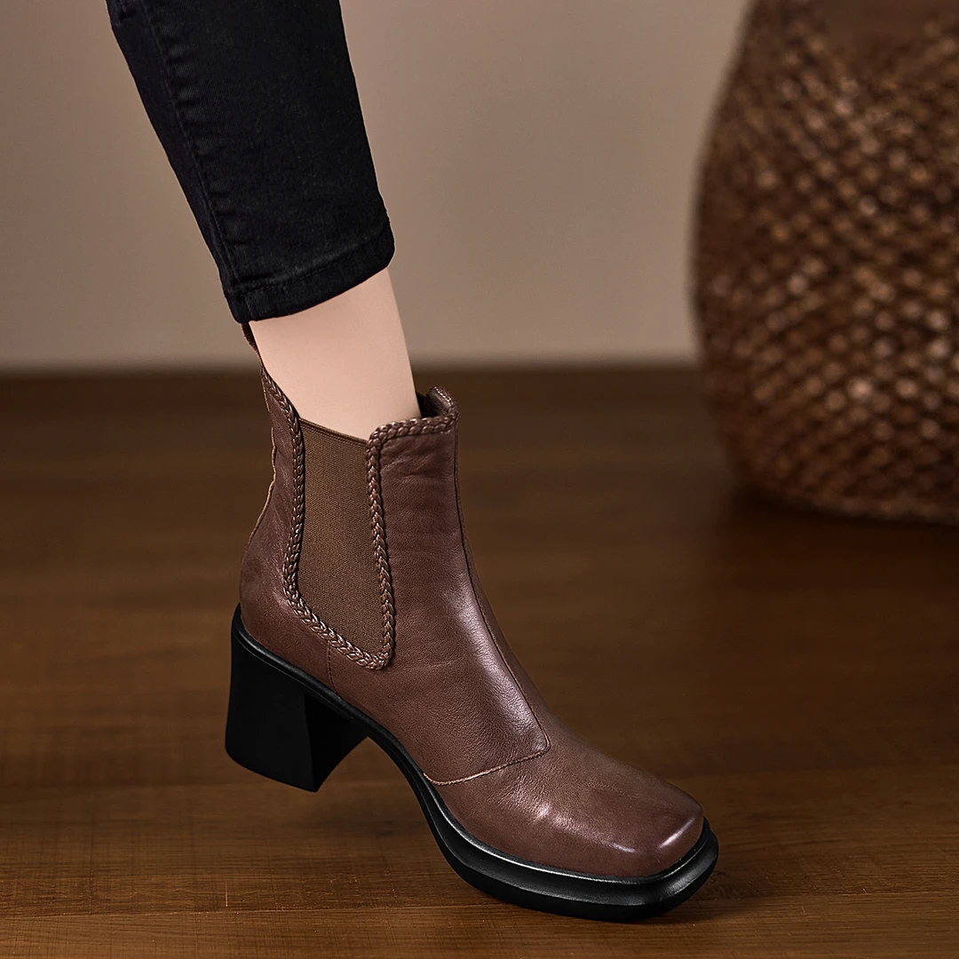 小个子手工女鞋7.5cm~复古棕色马丁靴方头粗跟短靴防水台高跟靴子