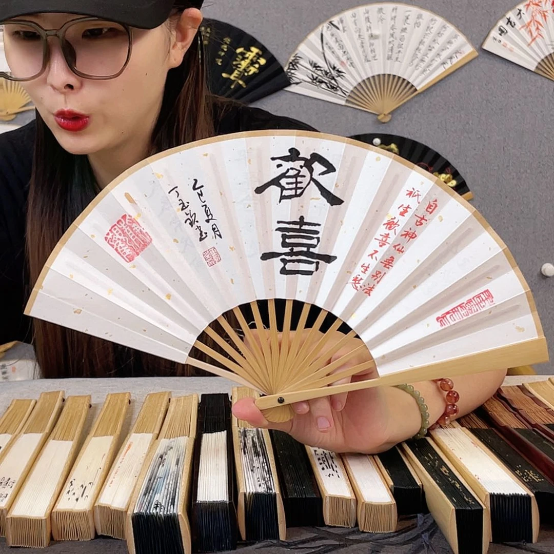 国画6寸玉竹-纯手绘-文玩扇骨（默认粘好）