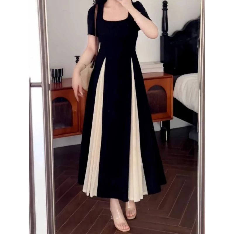 大码法式网纱拼接别致连衣裙女夏季2025新款胖mm收腰气质小黑裙子