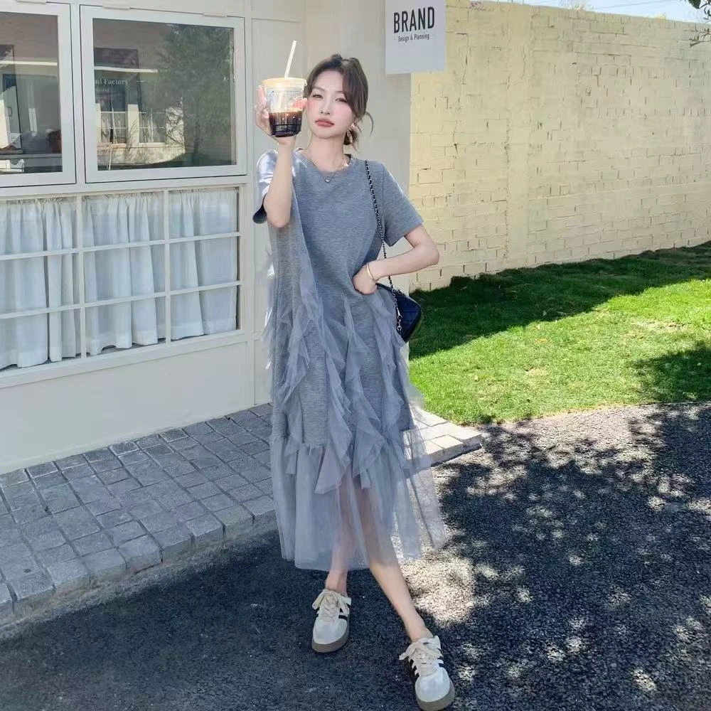 【简灰叠纱】2025新款复古格子拼接连衣裙女夏季新款小个子长裙