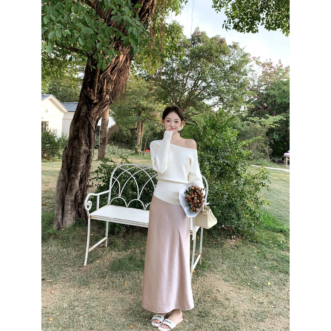 【苗苗班专属】【创意百搭】斜领露肩春季不对称收腰设计感针织套装