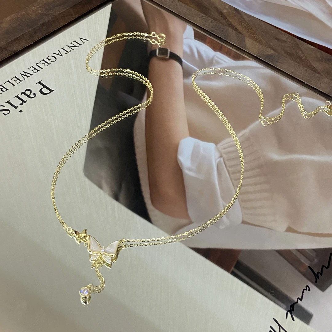 坠链均925银锆石 （T）镀K金 时尚蝴蝶 流苏小o泡气质项链X8304