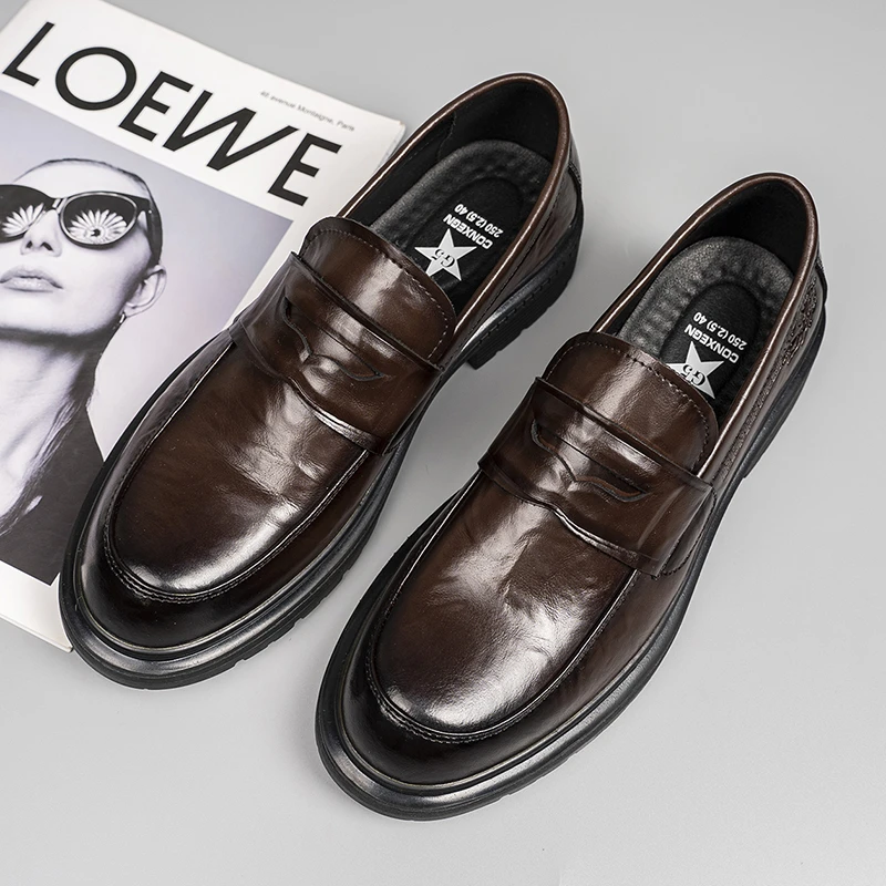 春季牛皮男士商务休闲皮鞋真皮英伦风百搭软底一脚蹬男鞋85695