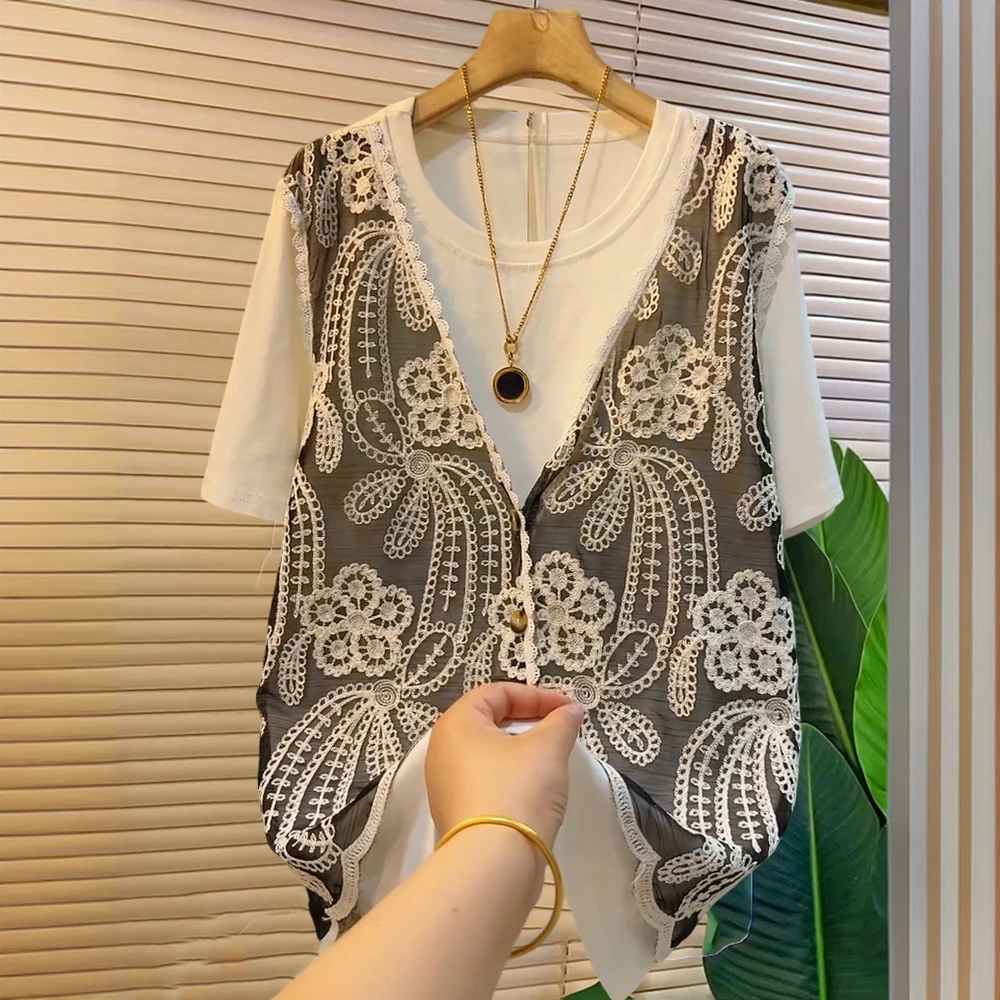 夏季大码女装胖妹妹遮肉显瘦宽松假两件上衣短袖半袖大衫蕾丝休闲