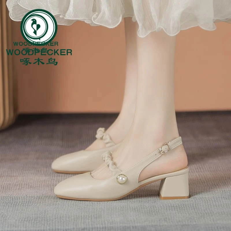 啄木鸟凉鞋女夏2025年新款韩系中跟法式包头仙女配裙玛丽珍高跟鞋