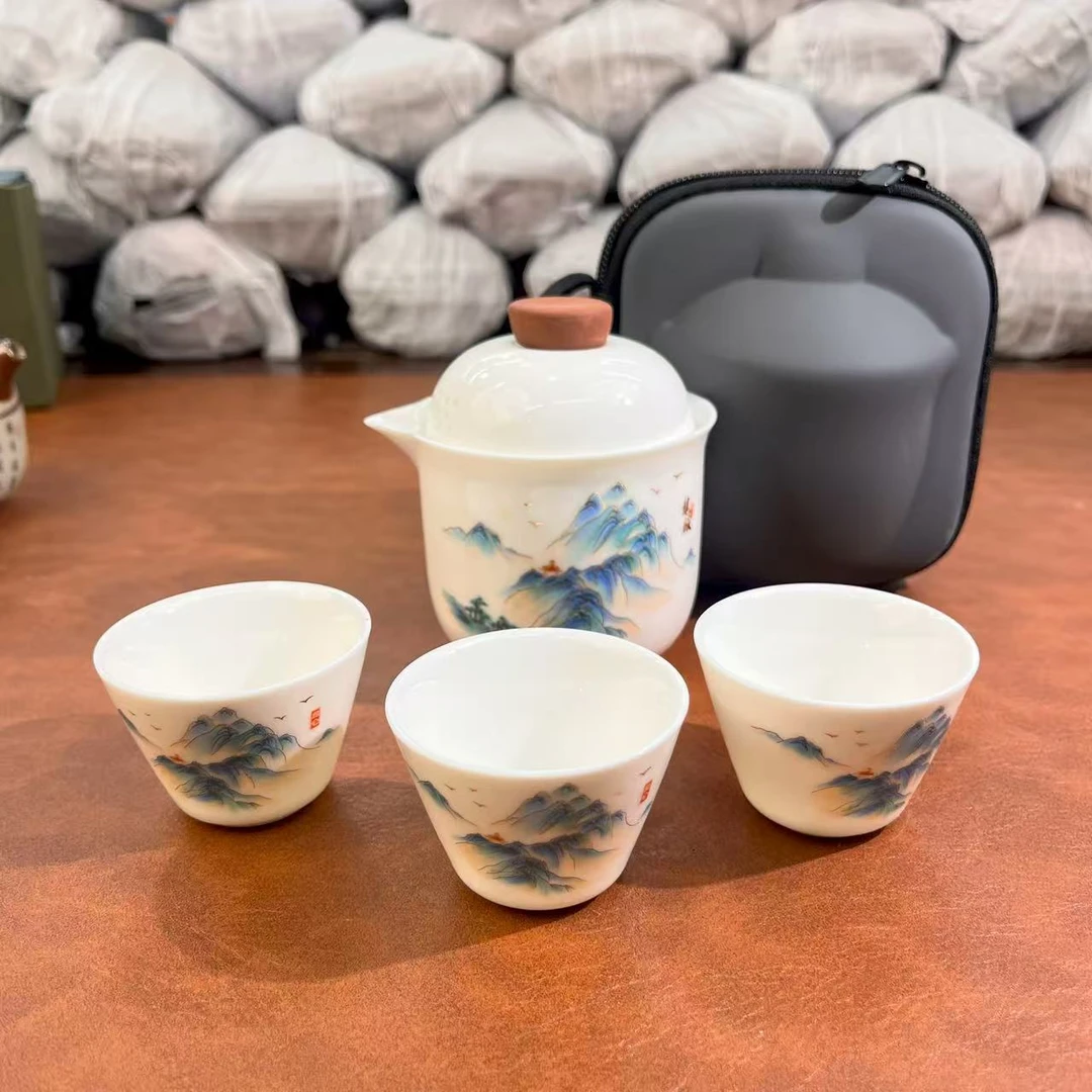BB266-千里江山一壶三杯旅行茶具朱红盖带包