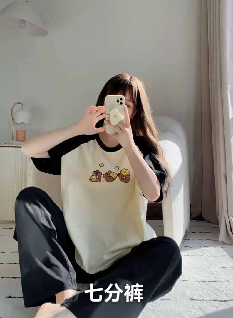 T恤卡通印花圆领短袖家居服ins夏季常规款半袖插肩袖休闲