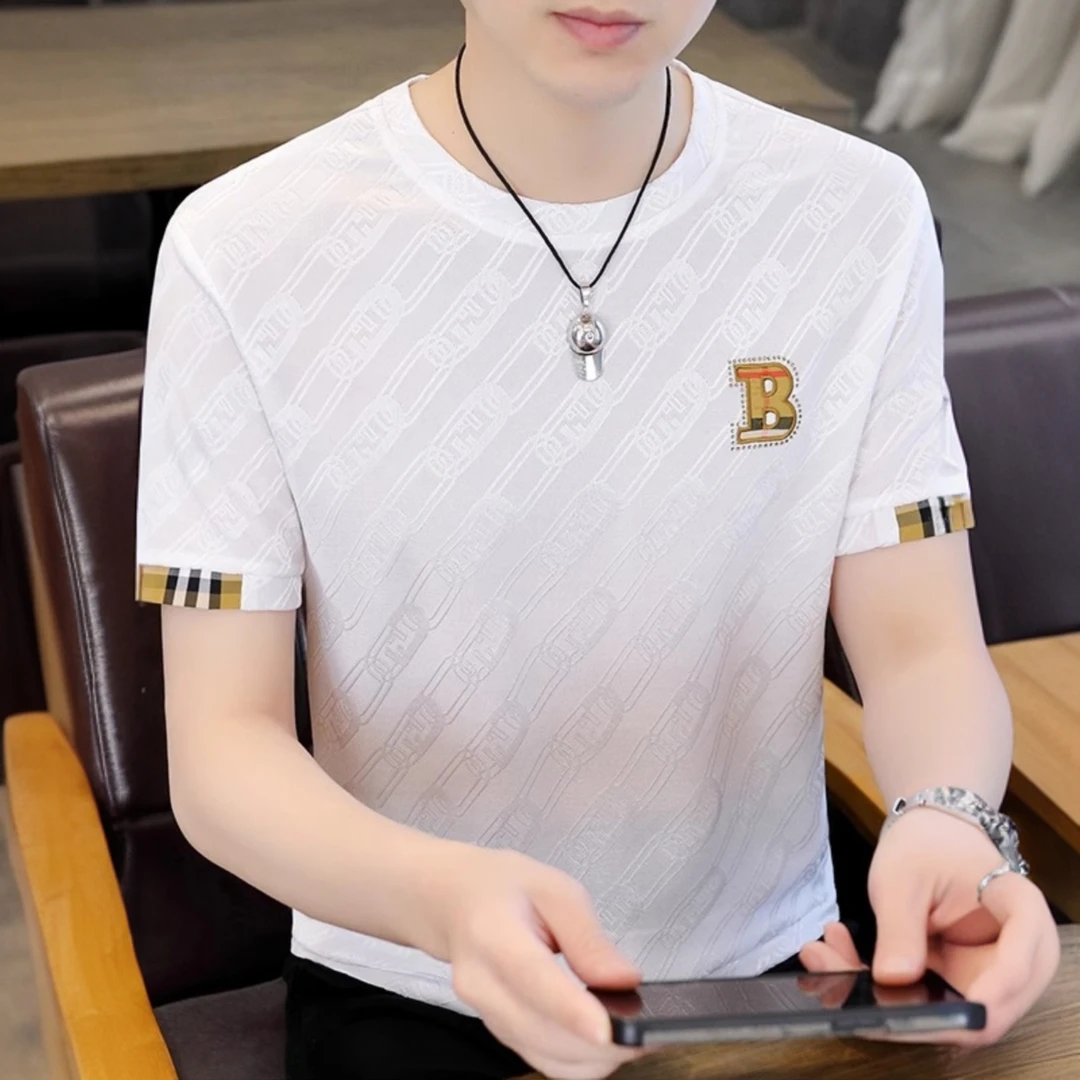 夏季男士短袖T恤冰丝薄款潮流提花休闲半袖新款潮牌凉感圆领体恤