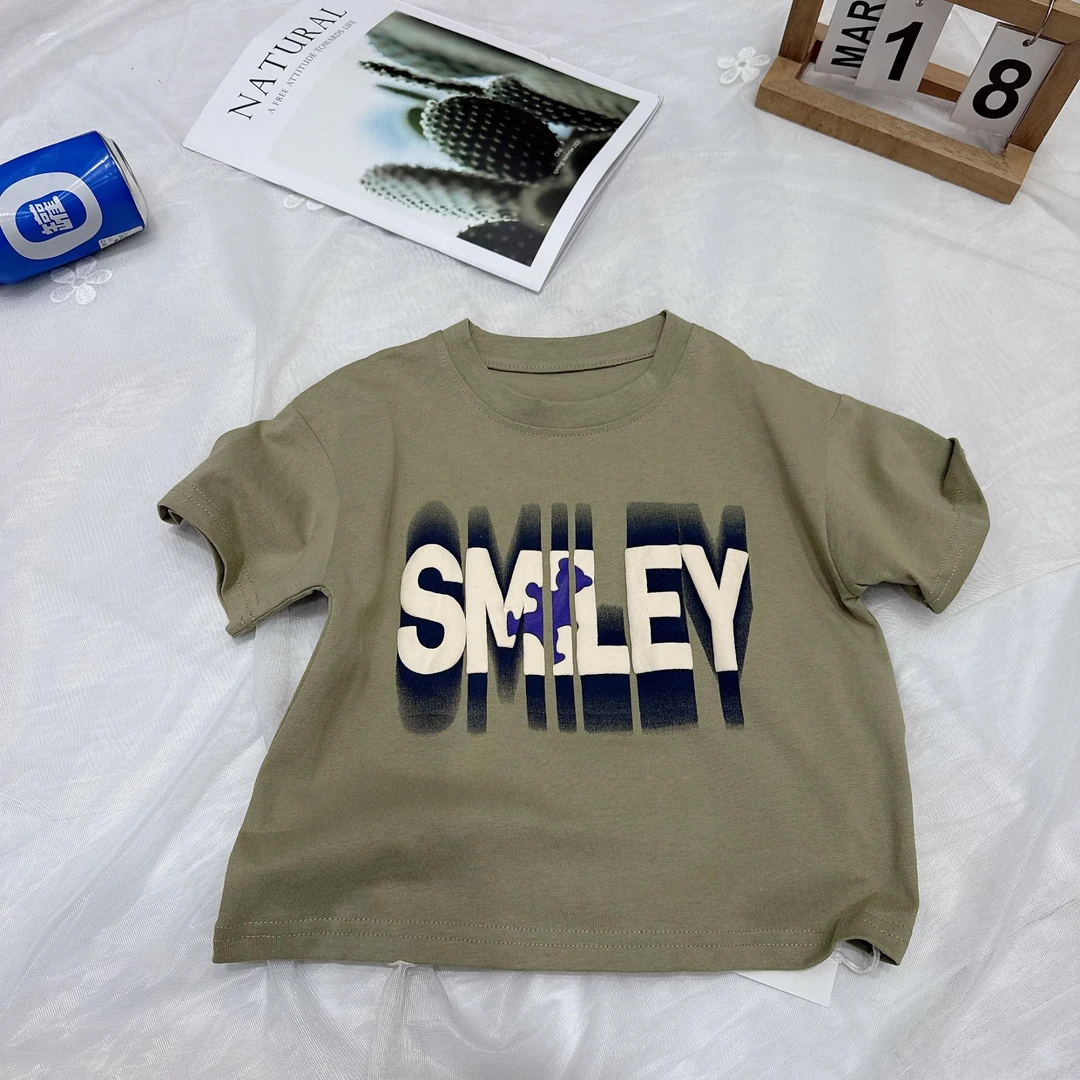 2025纯色字母T恤印花韩版休闲男童纯棉时尚百搭夏款圆领百搭